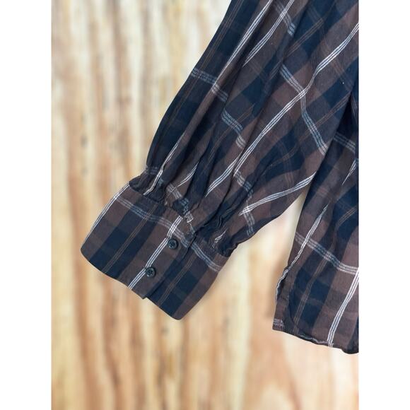 J.Crew XXL Brown Plaid Peasant Top Bishop Sleeve Soft Grunge Boho Prairie Chic - Picture 4 of 8